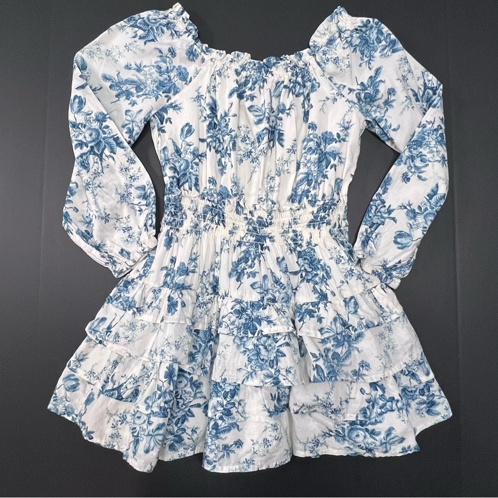 GAP x LoveShackFancy Girls Blue Floral Smocked Dress Tiered Ruffle M 8/9